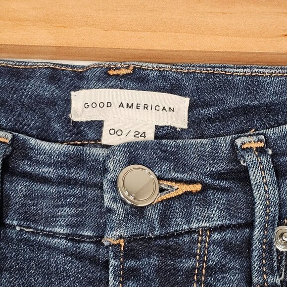 Good American Good Legs Skinny Jeans Dark Wash Distressed Chewed Hem Size 00/24 - Picture 15 of 15